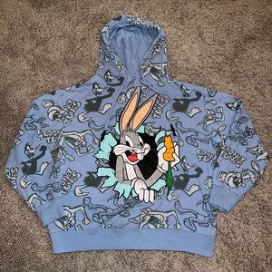 Looney Tunes BUGS Bunny Hoodie Juniors Large 11/13 Taz Daffy Duck Baby Blue